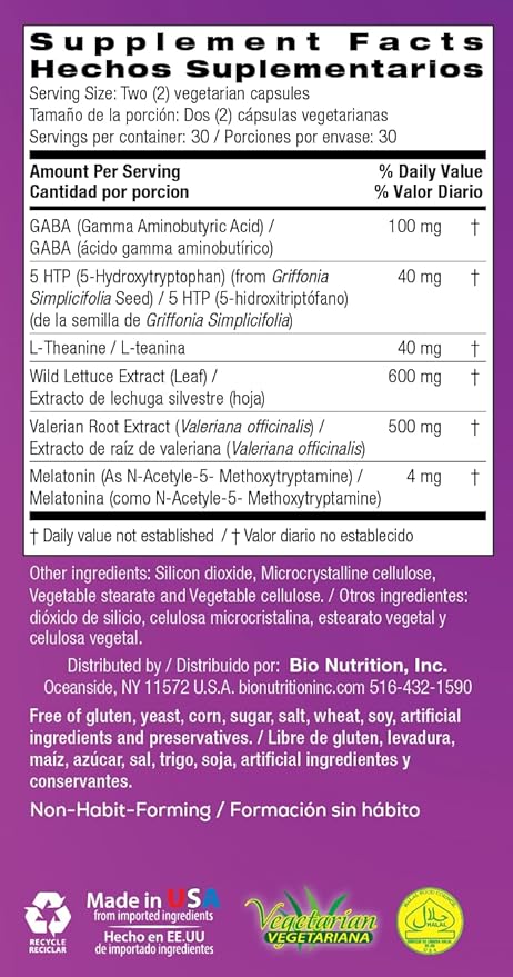 Bio Nutrition Sleep Wellness 60 Vegetarian Capsules | Wild Lettuce Extract | Supports Relaxation | Promotes a Better Sleep Cycle | May Assist with Stress Relief