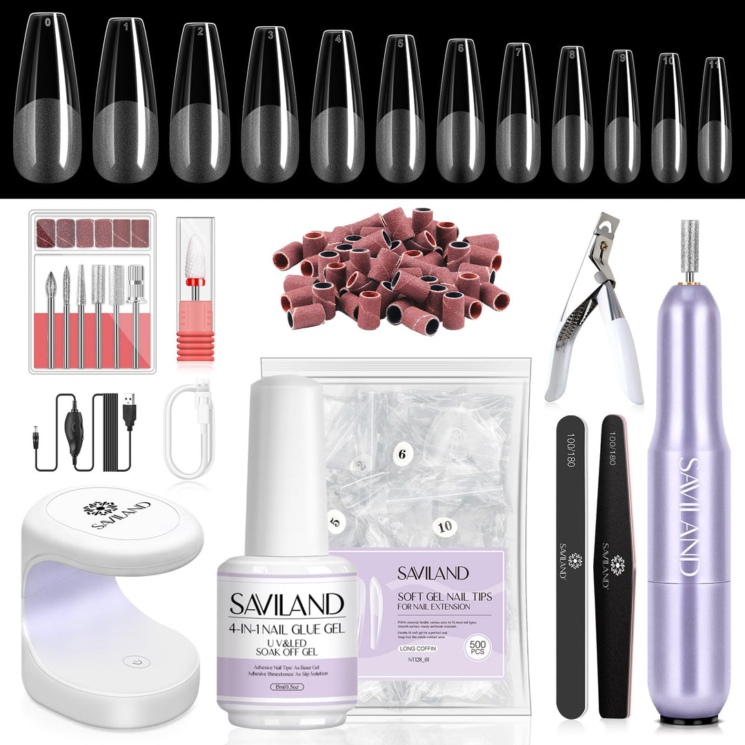 Saviland Gel X Nail Kit: All-In-1 Beginner Gel Nail Kit With Nail Drill 0.5Oz Nail Glue Gel 500Pcs Long Coffin Nail Tips U V Lam