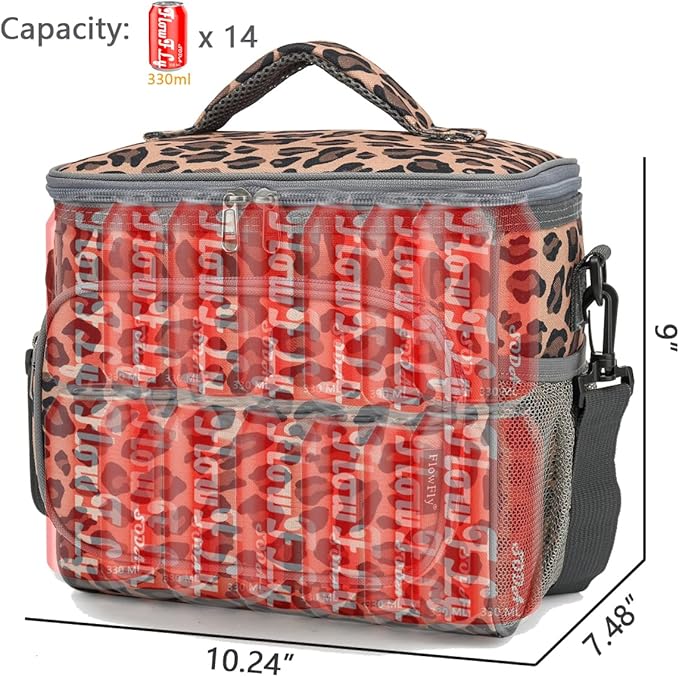 FlowFly Insulated Reusable Lunch Bag Adult Large Lunch Box for Women and Men with Adjustable Shoulder Strap,Front Zipper Pocket and Dual Large Mesh Side Pockets,Leopard