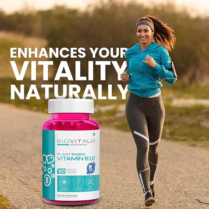 BIOVITALIA Vitamin B12 Capsules Methyl Cobalamin Supplement 1000mg Plant-Based Capsules - Support Nerve Function & Metabolism Enriched with Wheat Grass Spirulina Beetroot - 60 Vegan Caps