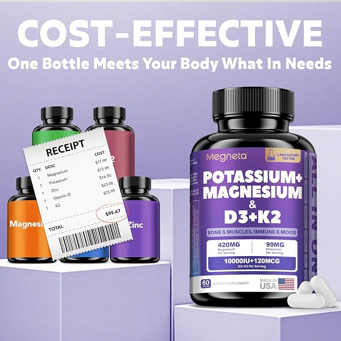 Magnesium Potassium Vitamin D3 K2 10000IU Supplement - Supports Bone, Heart, Immune Health, Mood Balance & Energy for Women & Men - Enhanced Absorption, Non-GMO - 60 Capsules