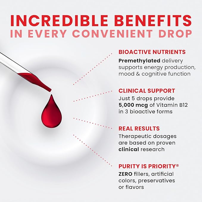 Pure TheraPro BioActive Vegan Methylated Vitamin B12 Sublingual Liquid Methylcobalamin, Hydroxocobalamin & Adenosylcobalamin 1,000 mcg per Drop (5 Drops = 5,000mcg / 2 Month Supply) 10 ml