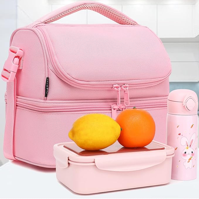 FlowFly Double Decker Cooler Insulated Lunch Bag Large Tote for Boys, Girls, Men, Women, With Adjustable Strap,Pink