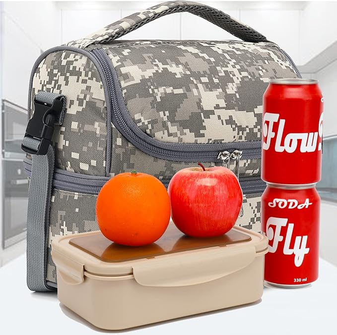 FlowFly Kids Double Decker Cooler Insulated Lunch Bag Large Tote for Boys, Girls, Men, Women, With Adjustable Strap, Digital Camo