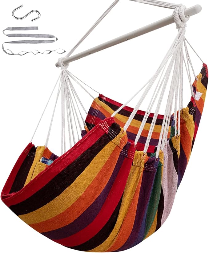 ADVOKAIR Hammock Chair Swing (500 lbs Max) - Hanging Hammock Chair Rope Swing Indoor for Bedroom, Outdoor, Patio, Bedroom, Porch, Deck - Sturdy Steel Bar with Anti-Slip Safety Rings