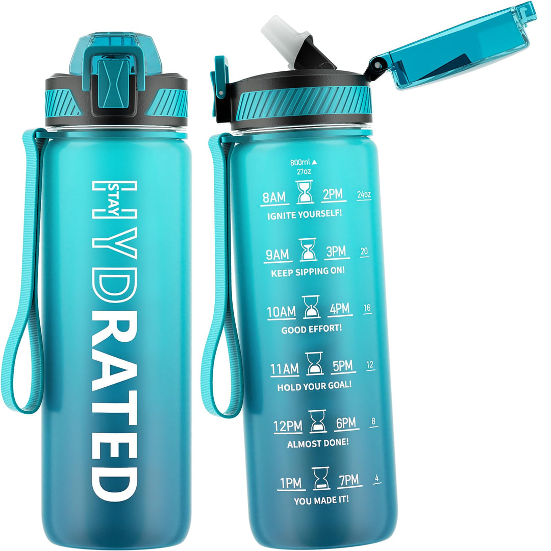 QLUR Water Bottle with Straw, 27 oz Motivational Water Bottles with Time Marker to Drink, Tritan BPA Free, 800ml Sports Water Bottle with Carry Strap LeakProof for School Fitness Outdoor (1Pack)