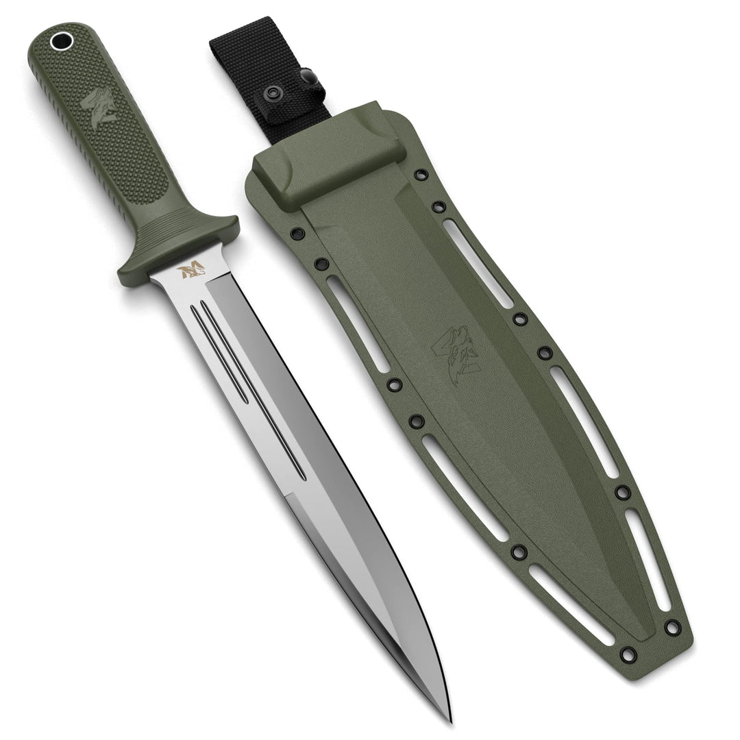 ODENWOLF W-Catcher Fixed Blade Knife with Sheath - Large Hunting Knife made of D2 steel - Big Fixed Blade Double Edge Knife with Non-Slip TPE Handle - Full Tang Survival Knife for Outdoor Activities