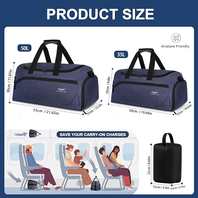 FIORETTO 35L Mens Sports Gym Bag with Toiletry Bag & Shoe Compartment, Travel Duffle Bag Overnight Bag with Padded Shoulder Strap, Sports Holdall for Swimming, Basketball Navy