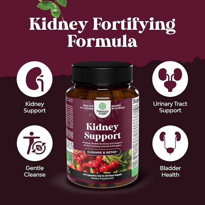 Kidney Support Supplement - High Strength Kidney Cleanse, Detox & Repair Cranberry Extract Capsules with Uva Ursi, Stinging Nettle & Chanca Piedra - Urinary Tract Health & Bladder Cleanse - 60 Caps