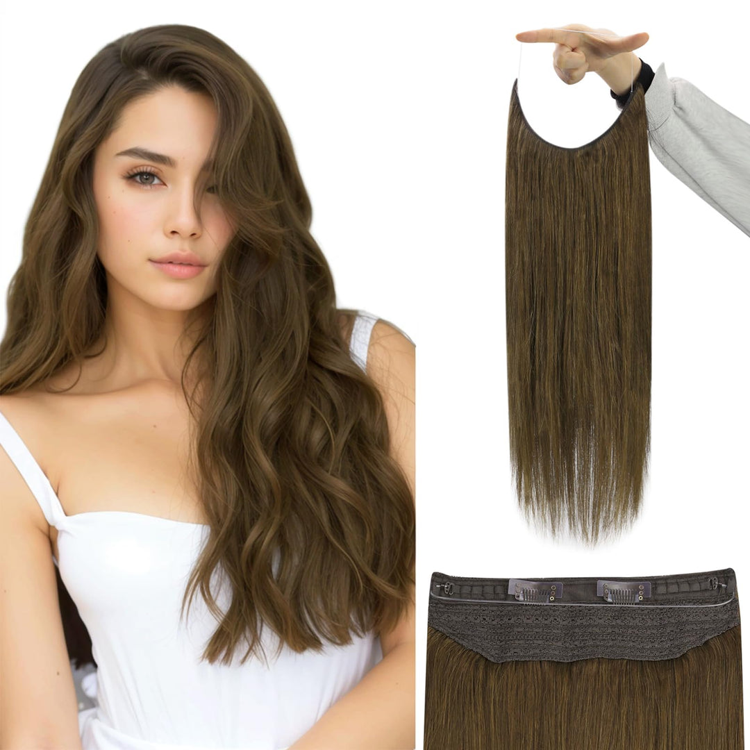 Fshine Medium Brown Invisible Wire Hair Extensions Real Human Hair Natural Hairpiece One Piece Clip In Hair Extensions Real Huma