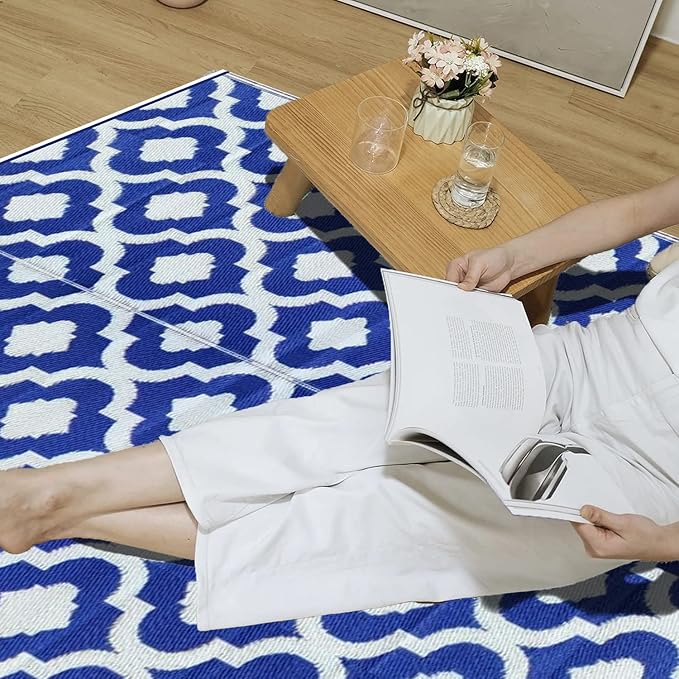 BalajeesUSA Outdoor Rug - 2 PK 5x7 Blue, Reversible Recycled Plastic Straw Outdoor Patio Rugs Clearance Waterproof Large RV Camper Mats 491