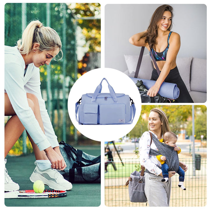FIORETTO Women's Water-Resistant Gym Duffle Bag with Shoes Compartment, 37L Capacity, Multi-Functional, Ideal for Travel, Gym, Sports, Weekender, with Toiletry Bag, Blue