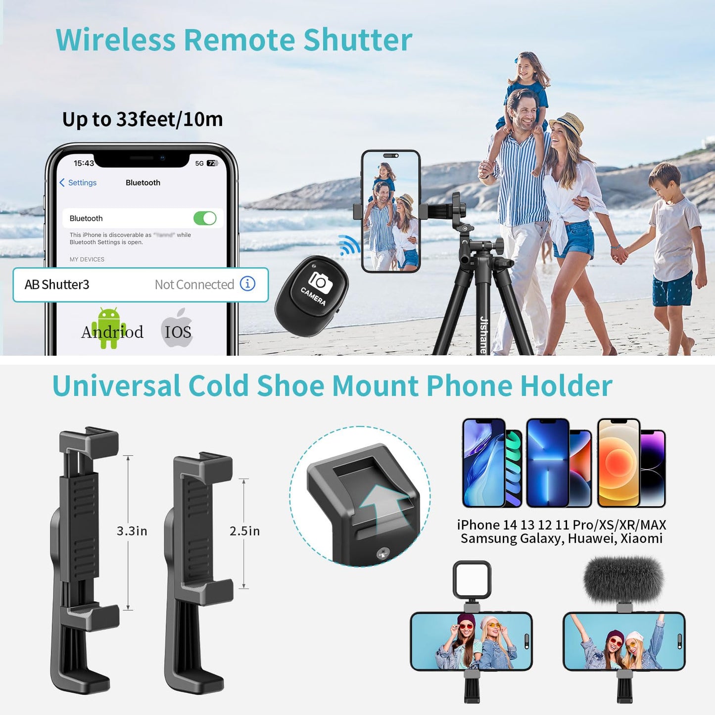 Jishane 71" Camera Tripod Phone Tripod with Wireless Remote Phone Holder and Carry Bag, Aluminum Lightweight Camera Tripod Stand Compatible with Smartphone Cameras, Max Load 6.6 lbs