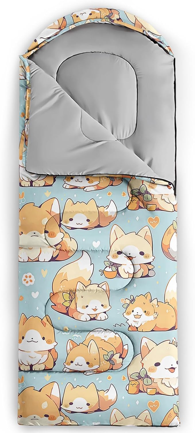 AILONEN Cartoon Fox Camping Sleeping Bag for Boys Girls Adults,Lightweight & Waterproof,3 Season Warm & Cold Weather,Portable,Kawaii Fox Printed Sleeping Bag,Traveling,Camping,Hiking