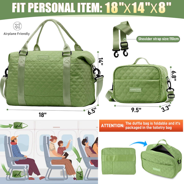 FIORETTO Women's Water-Resistant Travel Gym Duffle Bag with Detachable Strap, Multi-Functional, Ideal for Travel, Gym, Sports, Weekender, DUffel, with Toiletry Bag, Green