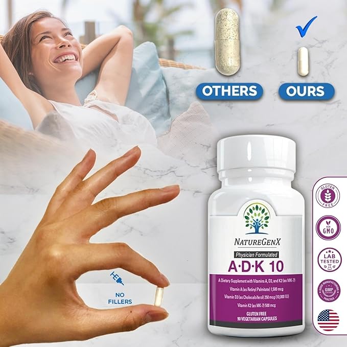 ADK 10 Supplement - Potent A, K2 & D3 Vitamin Supplement 10000 IU for Bone, Heart & Immune Support - 90 Count Easy-to-Swallow Vitamin ADK Supplement Capsules (3 Month Supply)