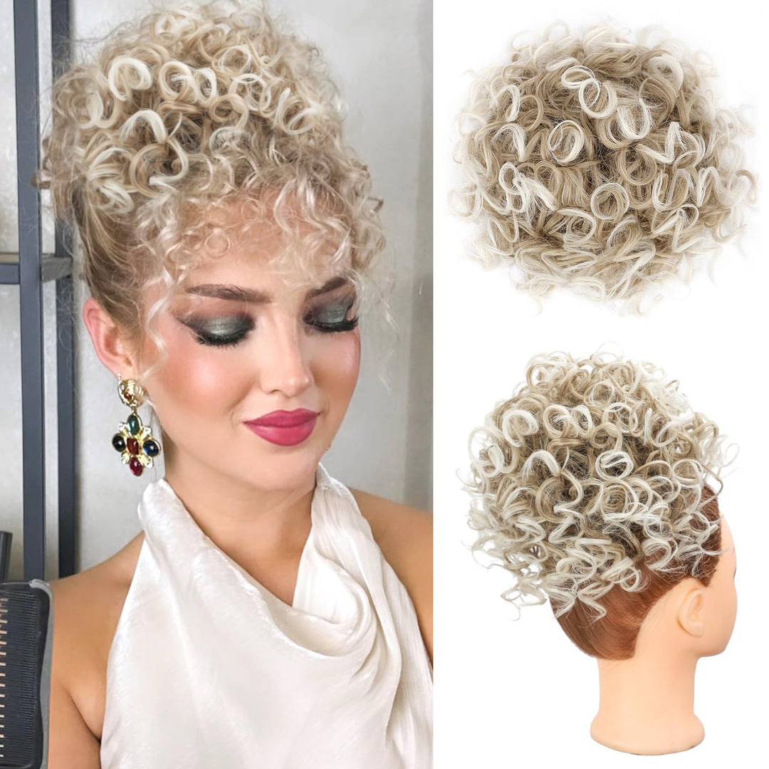 Lommel Messy Bun Hair Piece for Women 70g Elastic Drawstring Loose Wave Curly Hair Buns Hair Piece Synthetic Hair Bun Hair Extensions for Women Daily Use(Ash Blonde with Bleach Blonde)