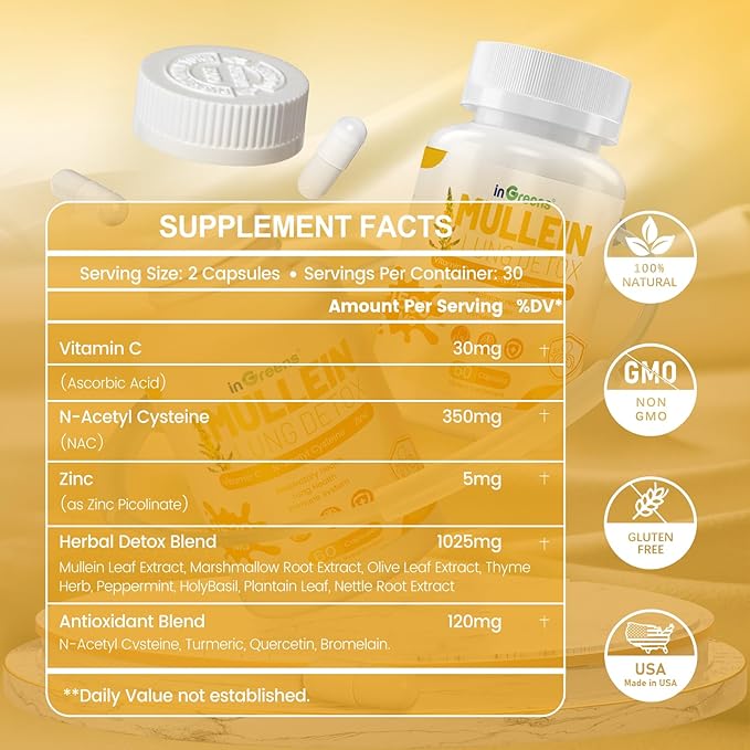 Mullein Leaf Extract 1530 Mg, 15-in-1 Herbal Supplements,Mullein Leaf Extract for Lungs,Bottled in USA - 60 Capsules