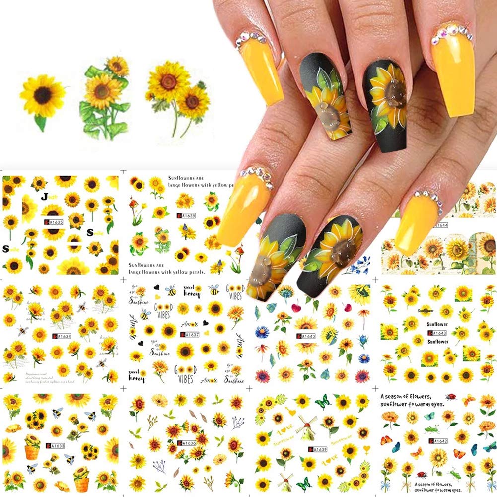 Sunflower Nail Stickers Floral Flower Nail Art Water Decals Transfer Foils For Nails Supply Watermark Small Daisy Flowers Design