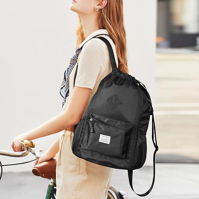 ALUSBELL Large Drawstring Backpack Bag, Sports Gym Bag String Sackpack with Shoes Compartment, Waterproof String Bag Cinch for Women Men(Black)