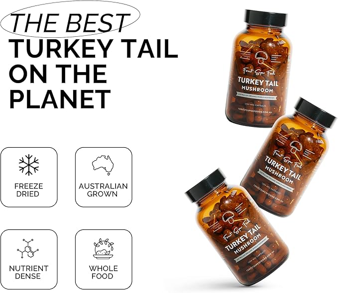 Australian Grown Turkey Tail Whole Mushroom (Includes Mycelium) - Great for Gut Health + Supporting The Bodys Natural defenses, 120x Capsules