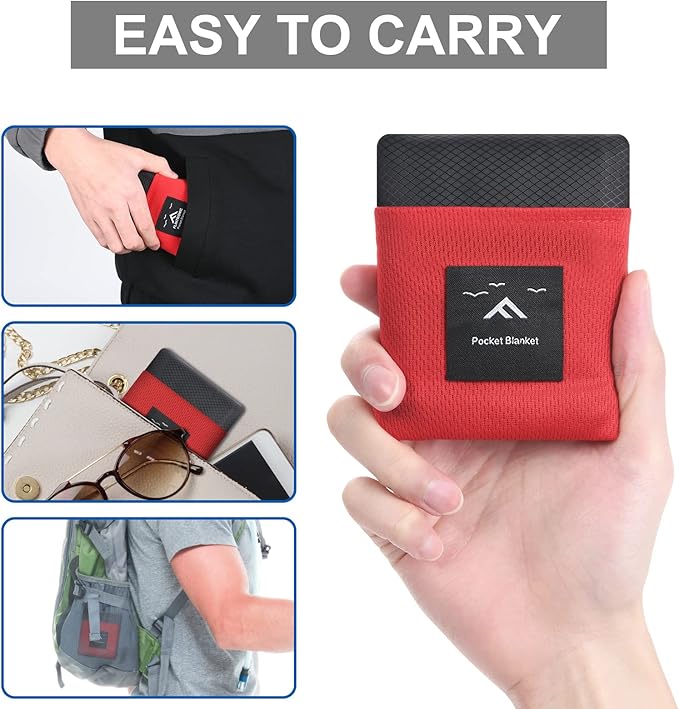 Picnic Blanket, Mini Pocket Beach Mat 43.3 x 55.1IN (2-3 People) Foldable, Lightweight Waterproof Sand Free, Foldable Thin Ground Sheet for Outdoor Camping Hiking Travel - with Hand Strap