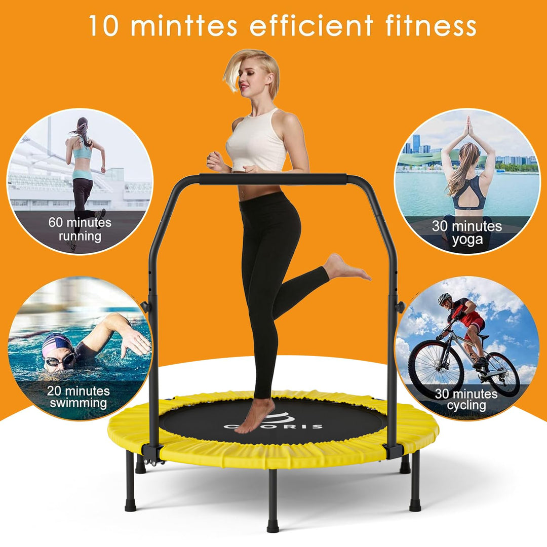 CLORIS 38in/40in/48in Folding Trampoline Mini Rebounder Fitness Trampoline with Adjustable Foam Handle for Kids/Adult, with safty Padded Cover Best Gift for Kids/Adult (Yellow)… (40in-Yellow)