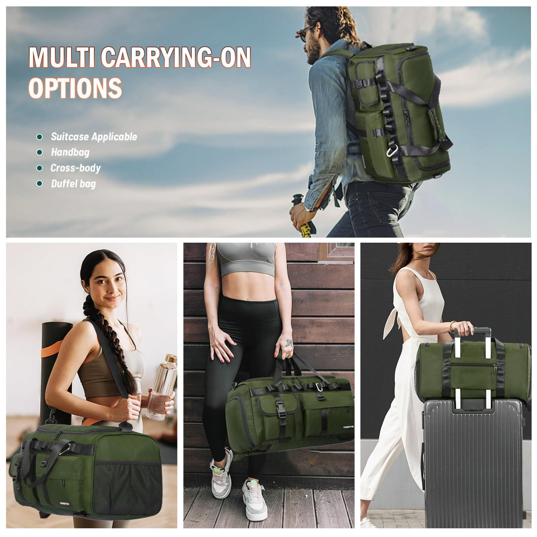 FIORETTO Women's Men's Water-Resistant Gym Duffle Bag with Shoes Compartment, 45L Capacity, Multi-Functional, Ideal for Travel, Gym, Sports, Weekender, Army Green