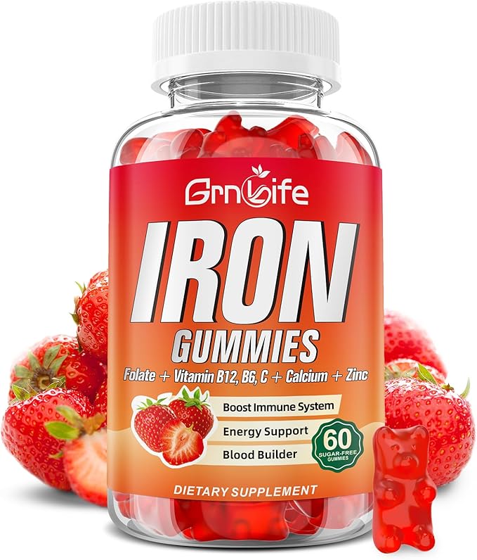 Iron Gummies for Women, Men & Kids, Sugar Free Iron Supplement with Calcium, Zinc, Folate & Vitamin B12, C, B6 - for Blood Building & Energy Support, Anemia, Strawberry, 60 Count