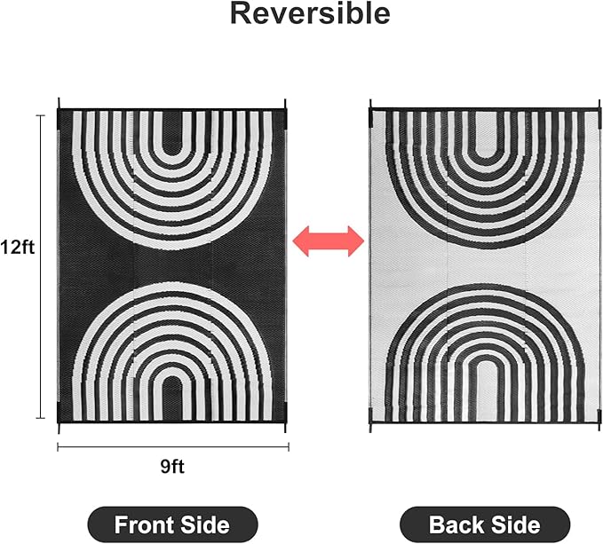 Anidaroel Outdoor Area Rugs 9x12ft Waterproof Clearance, Reversible Camping Rugs for Outside RV, Outdoor Plastic Straw Patio Rugs for Camping, Trailer, Backyard, Pool Deck, Picnic(Black&White, 9‘x12')