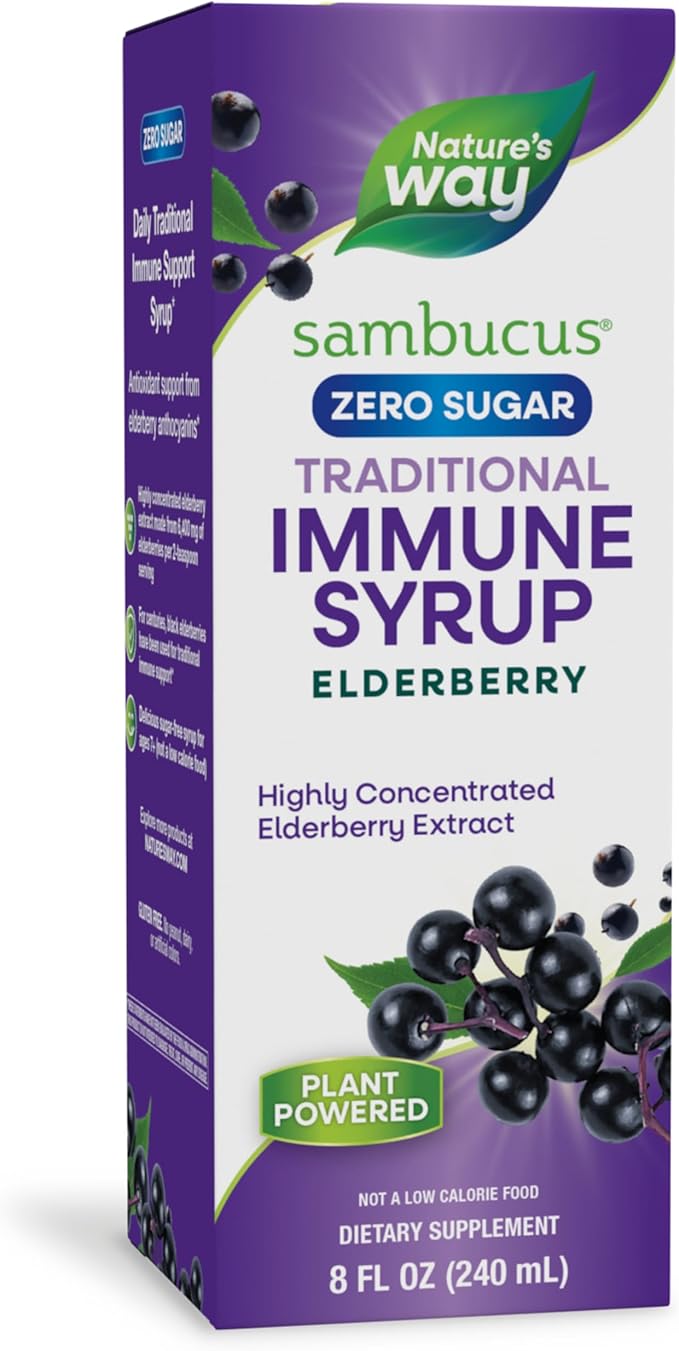 Nature’s Way Sambucus Zero Sugar Traditional Immune Syrup, Highly Concentrated Black Elderberry Extract, Traditional Immune Support*, Sugar-Free, Berry Flavored, 8 Fl Oz (Packaging May Vary)