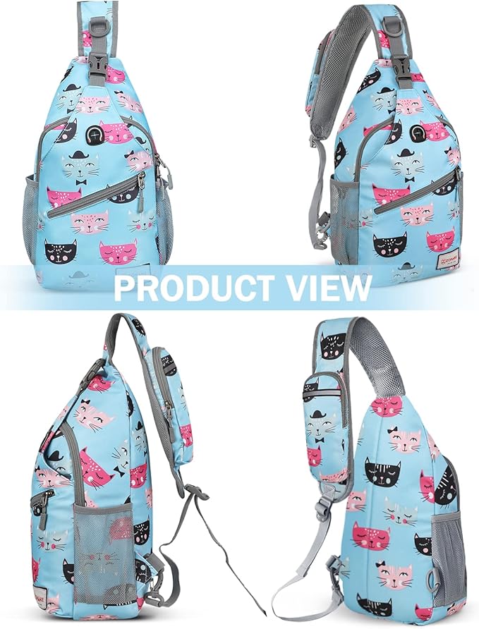 ZOMAKE Sling Bag for Women Men, Small Crossbody Sling Backpack, Mini Water Resistant Shoulder Daypack for Travel, Anti Thief Chest Bag for Hiking, Sports(Cat's Head Light Blue)