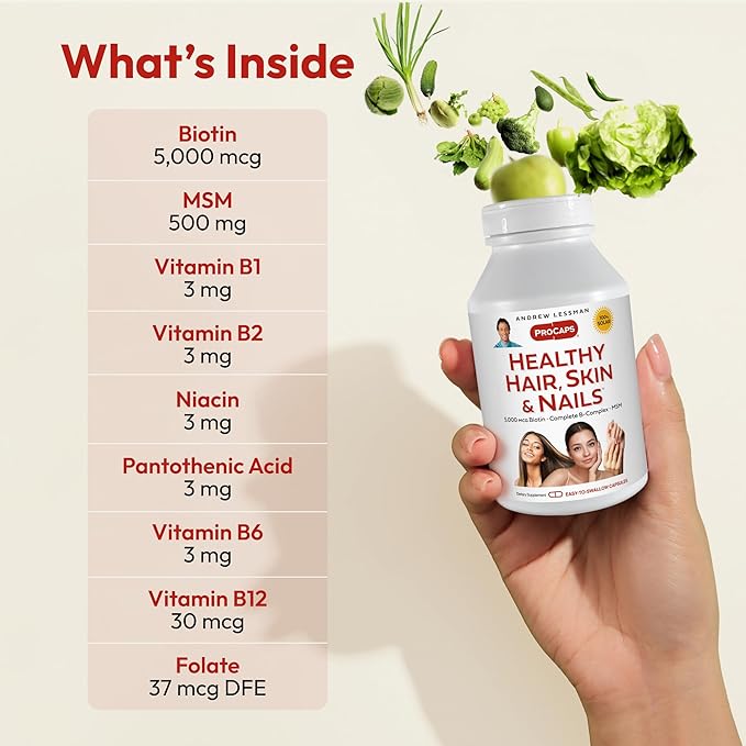 ANDREW LESSMAN Healthy Hair, Skin and Nails 60 Capsules - 5000 mcg High Bioactivity Biotin, B-Complex. Promotes Beautiful Skin, Strong Nails. No Additives Hair Growth Vitamins Biotin Supplement