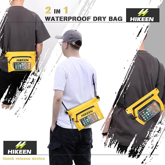 Hikeen 2 in 1 Waterproof Dry Bag with Screen Touch, IP68 Small Dry Bag Removable to Keep Phone Wallet Safe and Dry for Beach Swimming Kayaking Boating (Yellow)