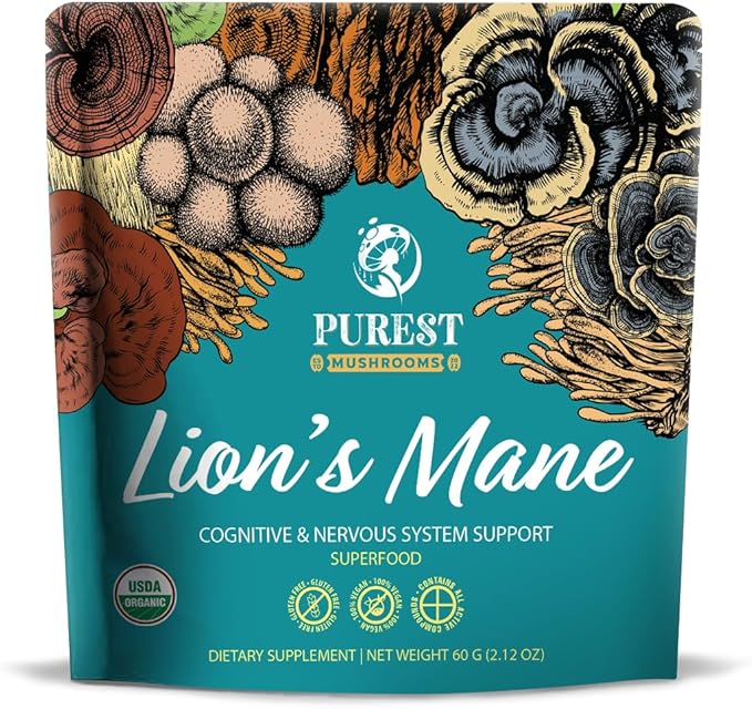 Lion’s Mane Powder - Organic Lions Mane Mushroom Extract for Cognitive & Nervous System Support - Brain Supplements for Memory and Focus 60g
