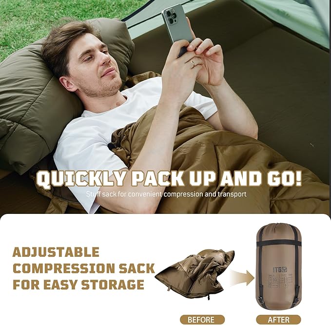 Warm Weather Sleeping Bag for Camping, 36℉ to 45℉ Backpacking Sleeping Bags for Adults with Compression Sack for Camping, Hiking, Hunting and Outdoor Travel