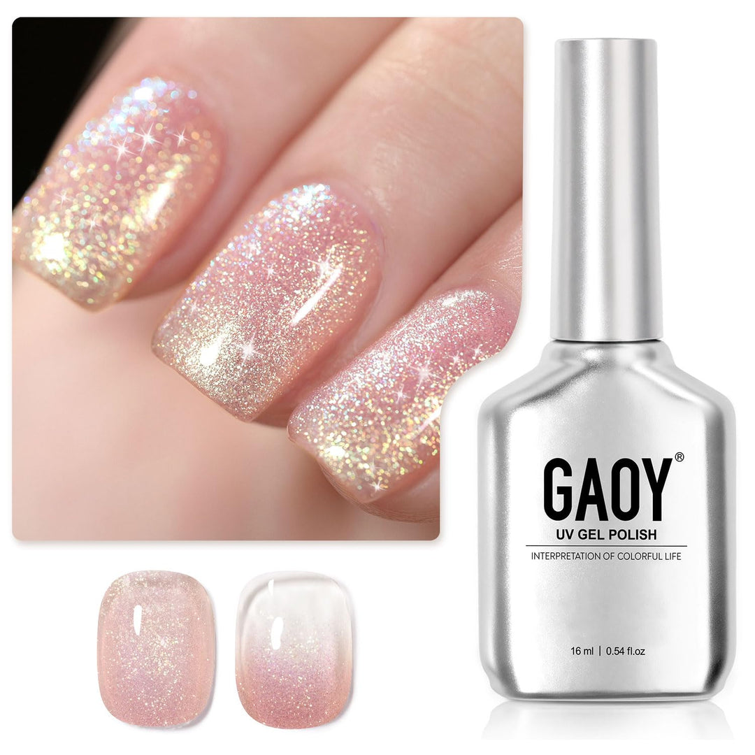 GAOY Shimmer Gel Nail Polish, 16ml Translucent Jelly Glitter Polish, Soak Off UV Gel for Nail Art DIY at Home, 1610 Milky Peach
