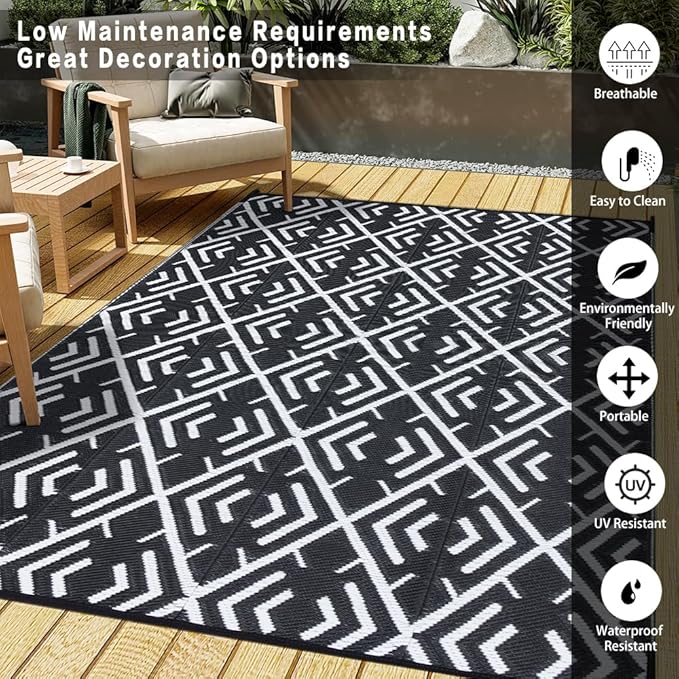 RV Outdoor Rug Waterproof Mat Outdoor Rugs 6'x9' for Patios Clearance Carpet Outdoor Camping Rugs Large Plastic Straw Rug(Geometric Black&White)
