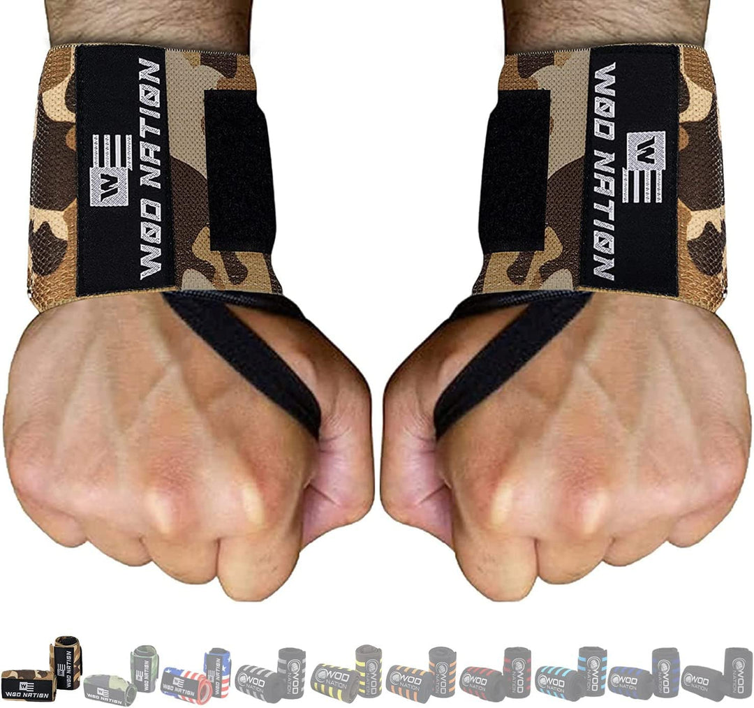 WOD Nation Wrist Wraps for Weightlifting, 12” Professional Gym Wrist Straps w/Thumb Loop, Wrist Wraps for Men & Women, Wrist Support Wraps for Strength Training, Powerlifting & Bodybuilding (Camo)