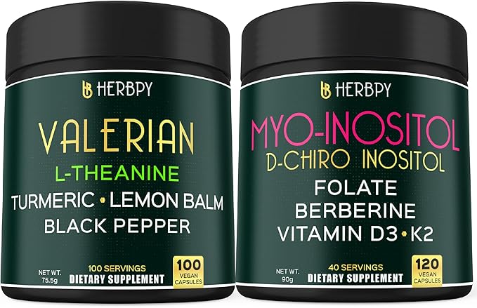 Bundle 5in1 Valerian Root Supplement 100 Count & 6in1 Myo-inositol & D-Chiro Inositol Supplement for Women 120 Count - Support Restful Night, Relaxation, Heart & Overall Health