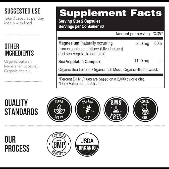 Organic Magnesium | Whole Food Magnesium - Plant-Based, Organic Sea Vegetable Complex - 250 mg Magnesium Per Serving | Water Extracted | Gentle on Stomach | Energy, Sleep, Muscle, Heart - 60 Capsules