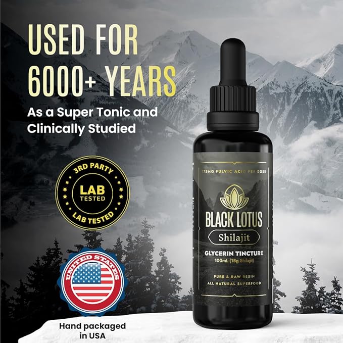 Black Lotus Pure Shilajit Resin Liquid Tincture, 100ml, 100% Pure Natural Shilajit for Men & Women with Amino Acids, 175mg Fulvic Acid, 85 Ionic Trace Minerals, for Immune Support, Focus, Energy