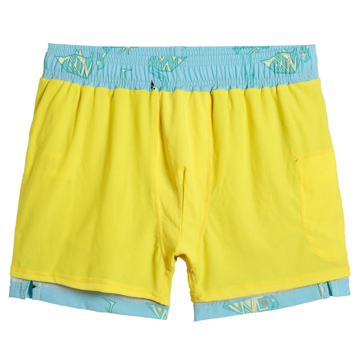 maamgic Mens Swim Trunks with Compression Liner 5" Stretch Athletic Swimming Shorts Quick Dry with Zipper Pockets No-Chafing Board Shorts Blue-Geometric Flamingo X-Small