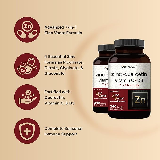 NatureBell 2 Pack Zinc Quercetin with Vitamin C & D3, 480 Capsules | Quercetin 1,000mg, 4 in 1 Zinc 50mg, Vitamin C 250mg, Vitamin D3 5,000 IU – ZincVanta Advanced Immune Defense & Lung Support
