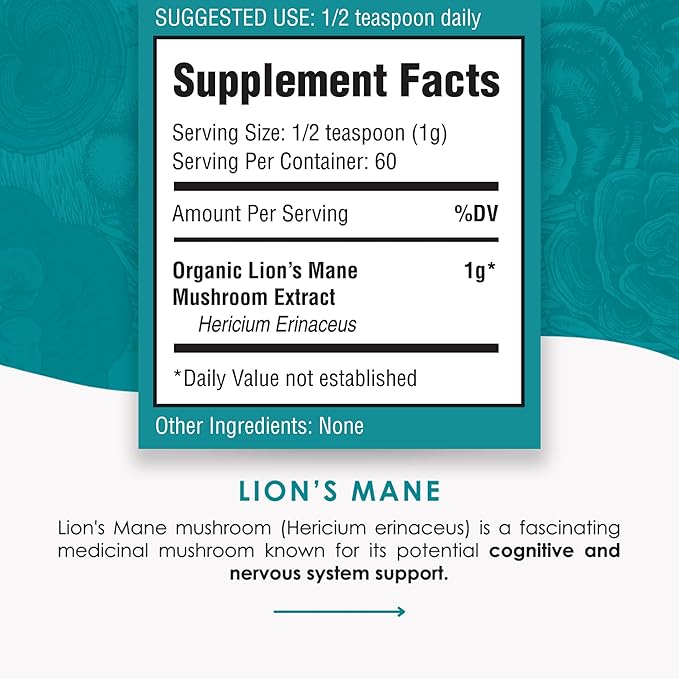 Lion’s Mane Powder - Organic Lions Mane Mushroom Extract for Cognitive & Nervous System Support - Brain Supplements for Memory and Focus 60g