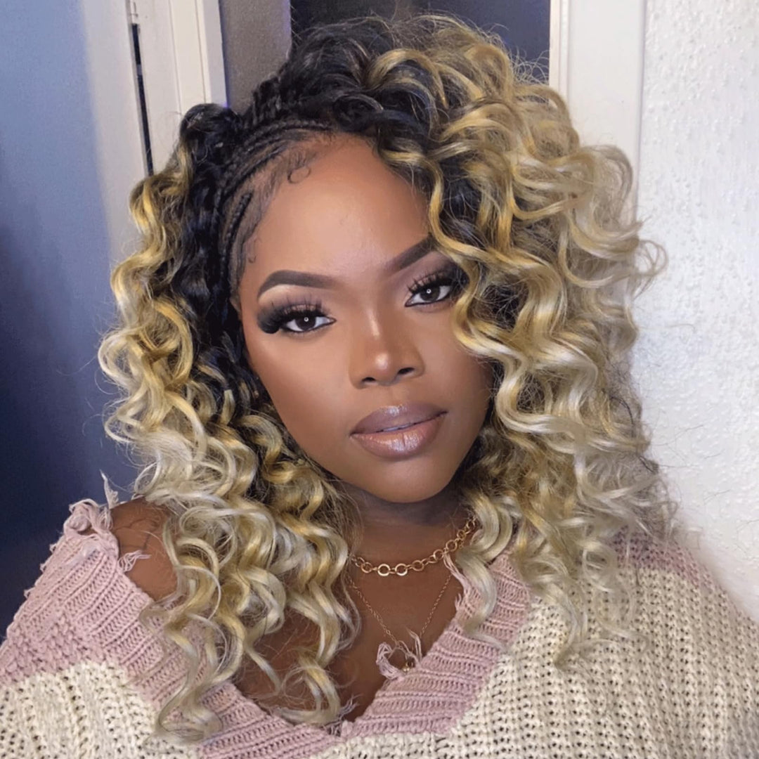 Toyotree Ocean Wave Crochet Hair - 14 Inch 8 Packs 3 Tones Ombre Blonde Mid-Length Curly Deep Wave Crochet Hair, Synthetic Ocean