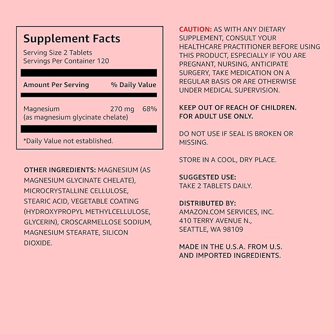 Amazon Elements - Chelated Magnesium, 240 tablets, 270 mg per Serving, as Magnesium Glycinate Chelate, Vegan (pack of 2)
