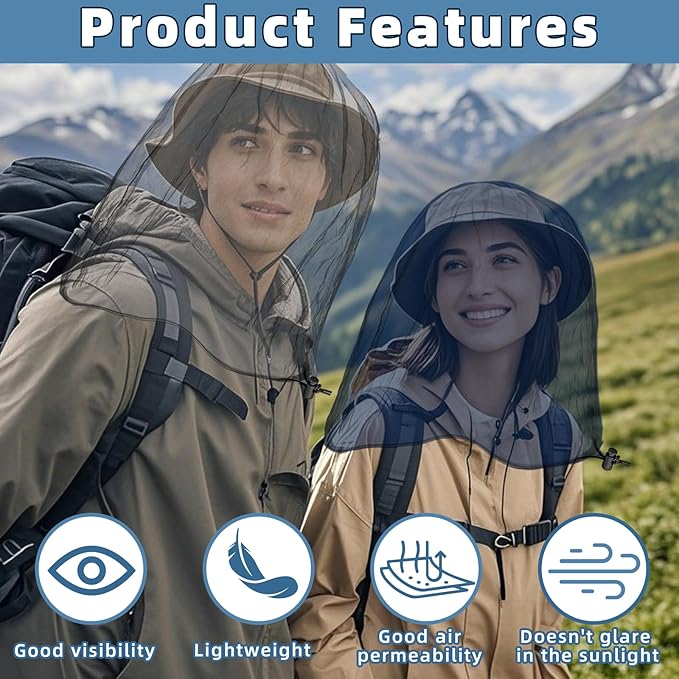 2 Pack Ultra Large Mosquito Net 42x25 Inches Mosquito Head Net Oversized Insect Netting Bug Fits Most Hats for Gardening Hiking Fishing Traveling(Gray+Navy Blue)