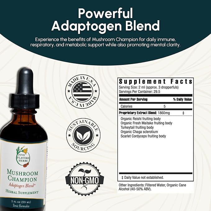 Mushroom Champion Tincture - Metabolic Support, Immune Support, Respiratory Support, Adaptogen Blend, Tonic Formula, Reishi, Maitake, Herbal Supplement - 2 Fl Oz