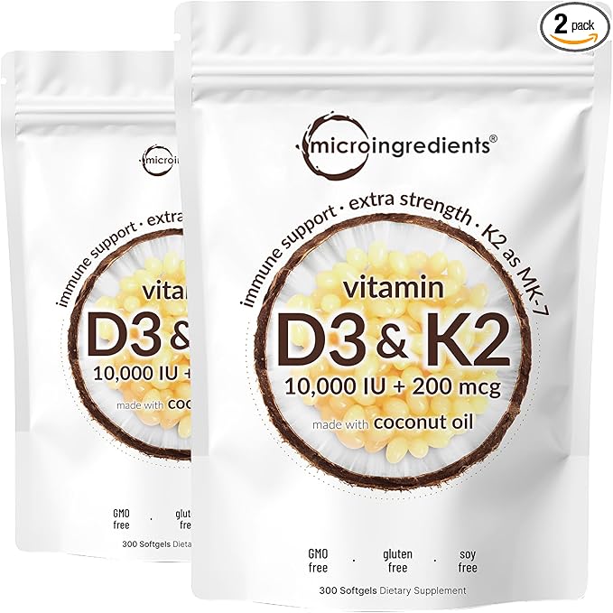 2 Pack Vitamin D3 10000 iu Plus K2 (MK-7) 200 mcg, 300 Virgin Coconut Oil Softgels | 2 in 1 Vitamins D & K Complex | Supports Calcium Absorption, Bone, Immune, & Heart Health – Easy to Swallow